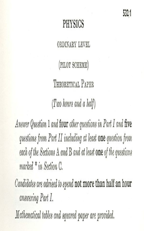 Physics exam paper from 1960s