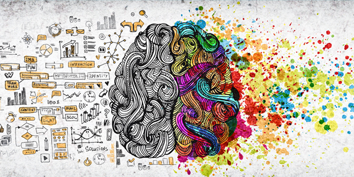 hand drawn image of the brain with colours flowing from the right hemisphere and scientific mathematical planning and logic flowing from the left hemisphere