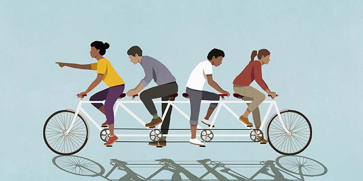 Graphic of 2 couples on a tandem bike, cycling in opposite directions