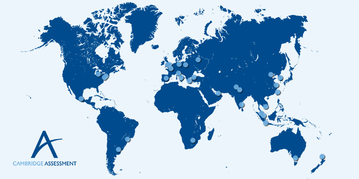 Map of the world with Cambridge Assessment offices marked