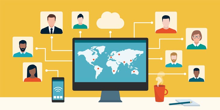 Illustration showing global attendees at a virtual meeting 