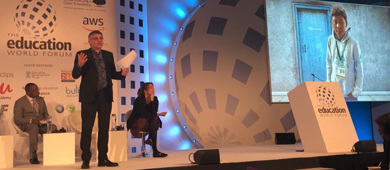 Three keys Saul EWF news story image January 2019 Saul Nasse speaking at the Education World Forum