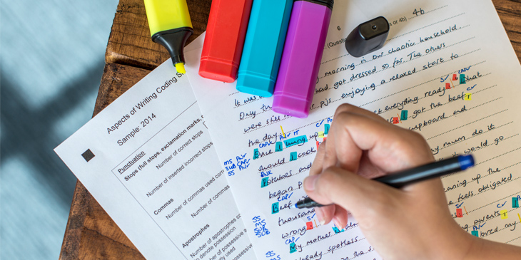 Hand of coder marking with pen and highlighters a student's english exam script with a mark scheme alongside