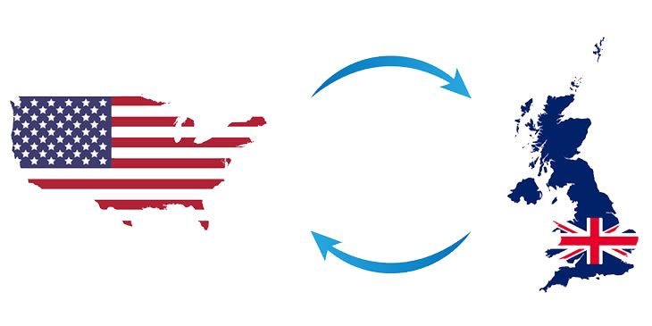 US and UK country map silhouettes with flags with circular arrows pointing to and from each country