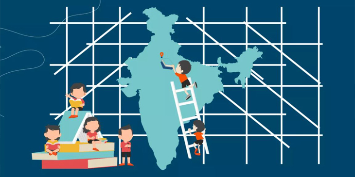 Cartoon of young learners sitting on large texbooks with a map of India in the background