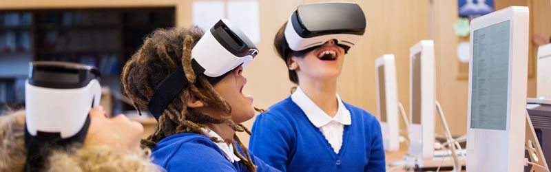 Students using virtual reality goggles