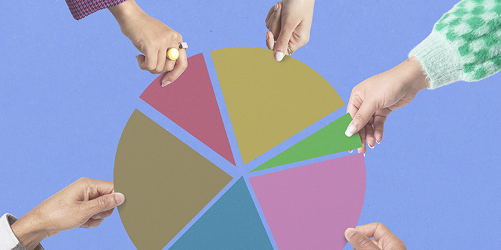 Hands selecting different sections of a pie chart