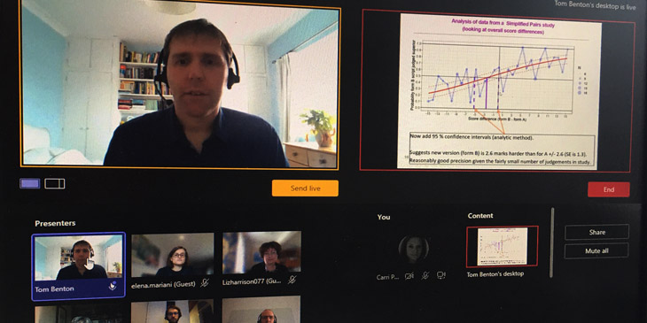 Producer's view of the online seminar with a large picture of one of the presenters next to a slide showing a graph of their research with small images of the chair and other presenters tiled below