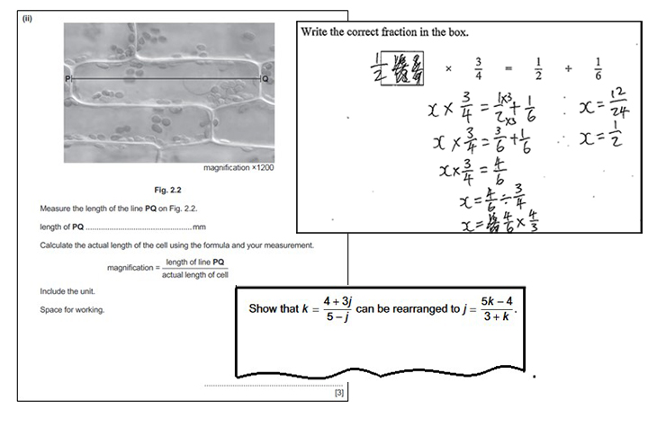 Three examples of written exam questions involving fractions