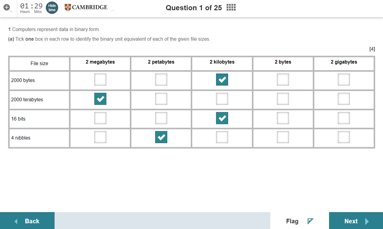 Question with four parts where candidates can select the correct answer by clicking to put a tick in a box