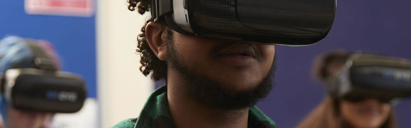 Students wearing VR headsets in class