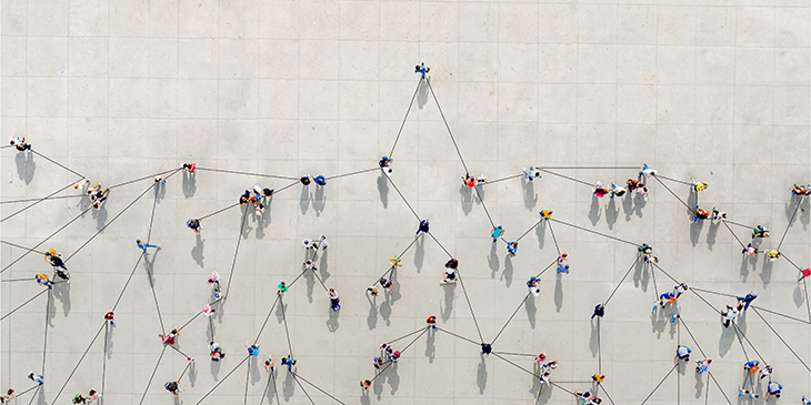 People standing connected by lines
